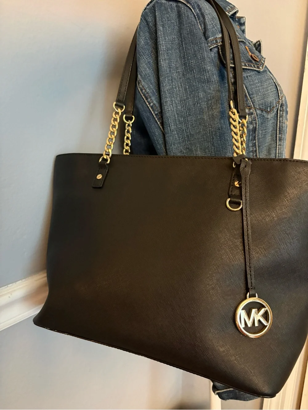 Michael Kors Black Saffiano Leather Tote with Gold Chain Detail